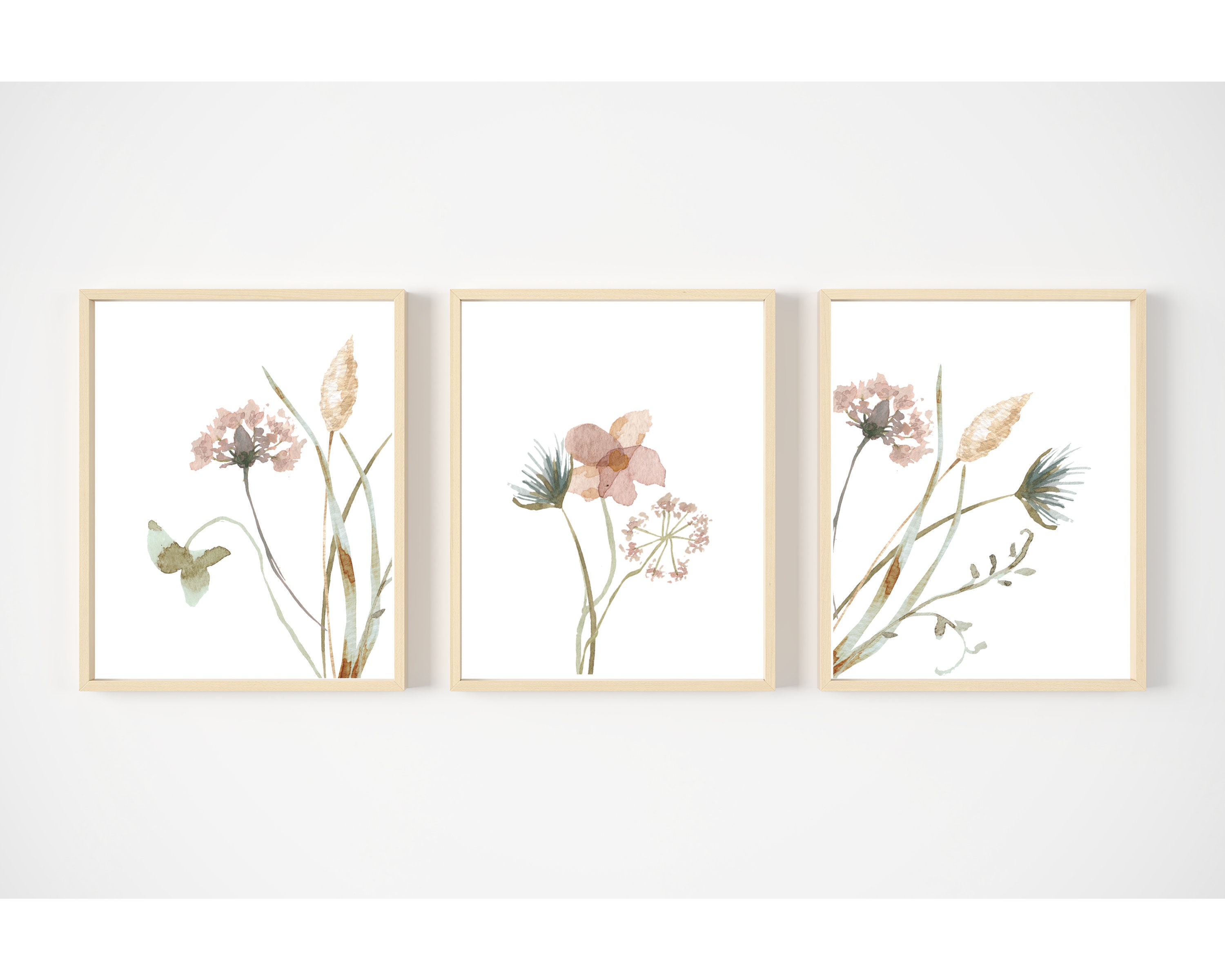 Blush Floral Prints Set of 3, Watercolor Wildflower Art (digital Print ...