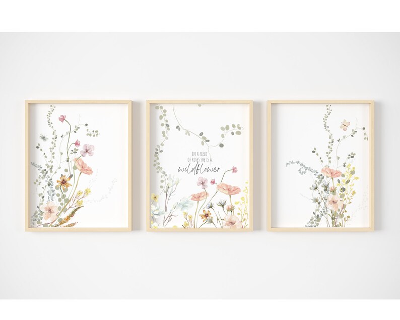 Wildflower Nursery Print, Floral Girls Room Wall Art (set of 3 ...