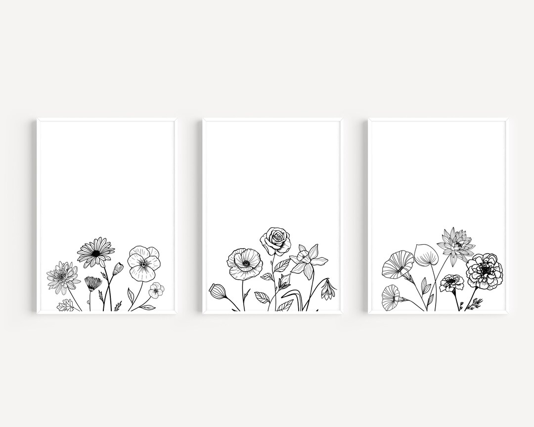 Floral Line Art, Minimalist Flower Print, Set of 3 Black and White ...