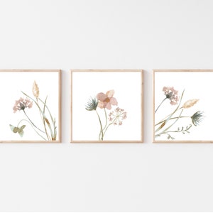flower prints, set of 3 flower prints, floral square prints, watercolor wildflower prints, floral wall decor, gallery wall art, floral art