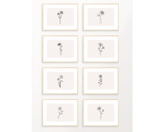 May include: Eight minimalist line drawings of flowers in black and white, framed in light wood and displayed on a white wall.