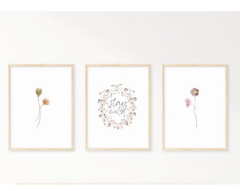 set di 3 stampe per la cameretta dei bambini, stampe di fiori selvatici, stampe floreali, stampe floreali per la cameretta dei bambini, stay wild my child, stampe ad acquerello, arte per la cameretta delle bambine
