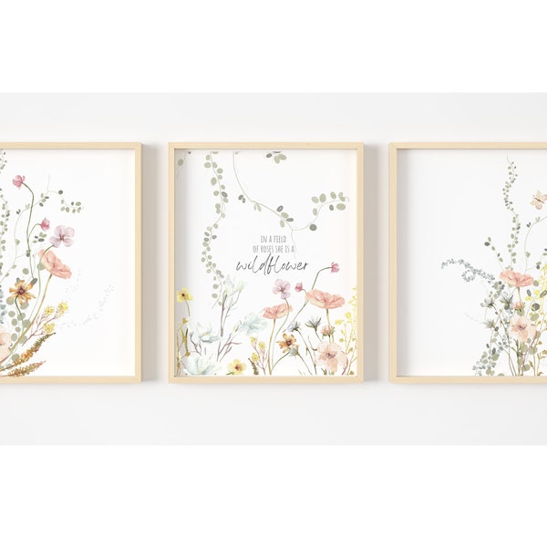 girls nursery print, wildflower prints, floral nursery prints, printable nursery wall art, in a field of roses she is a wildflower, set of 3