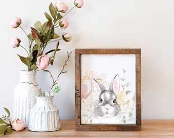 Watercolor Bunny Floral Print, Spring Easter Decor (Digital Download)