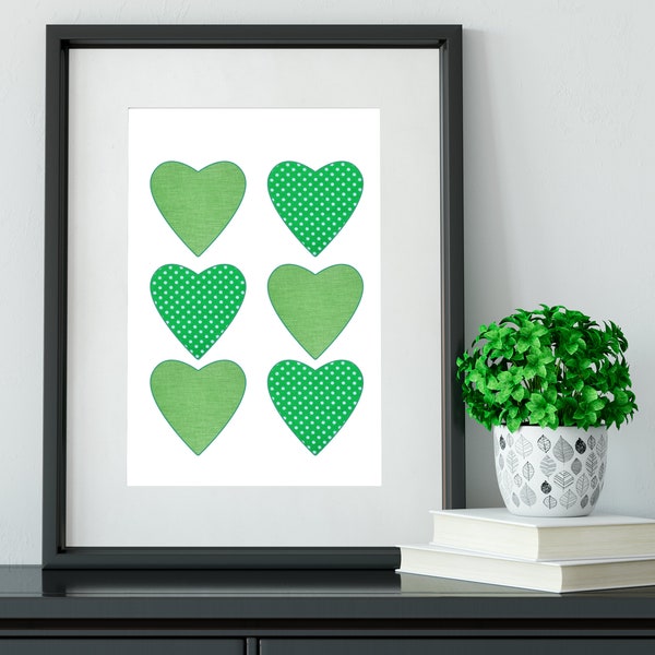 Green hearts decor, St. Pattys printables, heart artwork, st patricks print, green decorations, lucky print, Irish gifts, hearts wall art