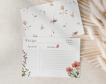 Printable recipe card, PDF download, Kitchen Organisation, Meal Planning, Pretty Florals Theme, Cooking and Baking Gift, Home Templates
