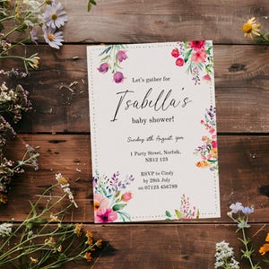 Floral Baby Shower Invite, Editable Download, Watercolour Flower Art, Personalised Invites, Custom Digital Download, Mum To Be Party