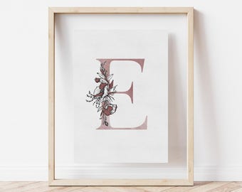 Stampa iniziale floreale E, stampa del nome modificabile, arte floreale ad acquerello, stampa dell&#39;alfabeto personalizzata, decorazione murale botanica, download digitale