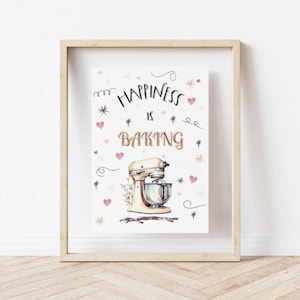 Happiness is Baking, Kitchen Decor, Wall Art, For the Baker, Kitchen Art, Home, Hobby Illustration, Baking Lover Gift, Digital Download