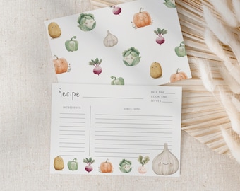 Printable recipe cards, PDF download, Kitchen Organisation, Meal Planning, Vegetables Theme, Foodie, Cooking and Baking Gift, Home Templates