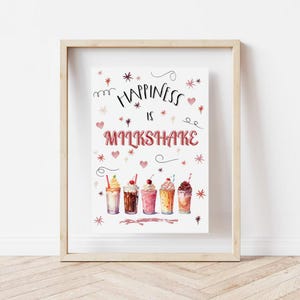 Geluk is… milkshakes print, milkshake decor, kunst aan de muur, voor de liefhebber van het dessert, zoete traktatie kunst, keuken print, digitale download