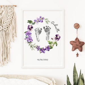 Baby Footprint/Handprint, Birth Month Flower, Footprint Frame, Name Reveal, Baby Shower Gift, Editable Template, February Flower, Violets