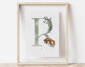 Stampa lettera R del bosco, decorazione personalizzata per la cameretta dei bambini, decorazione murale per la sala giochi, neonato, regalo per baby shower, regalo per neonati, modificabile su Canva, animale della foresta