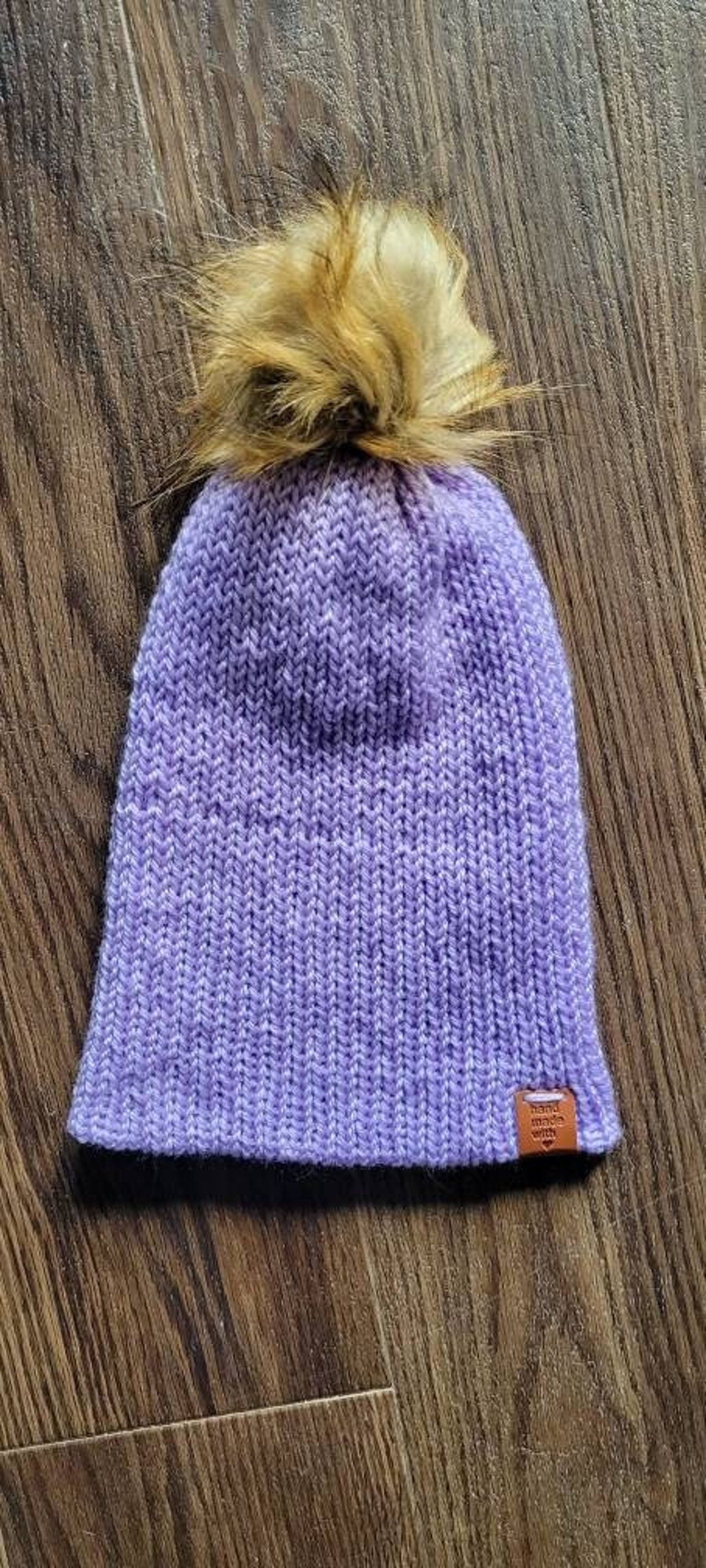 Knitted Light Purple Hat With Faux Fur Pompom Etsy Canada