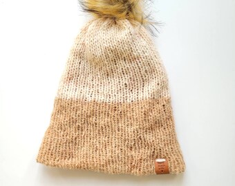 Soft Two-tone Beige & Brown Hat with Beige Pompom