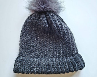 Chunky Knit Gray Hat with Gray Pompom