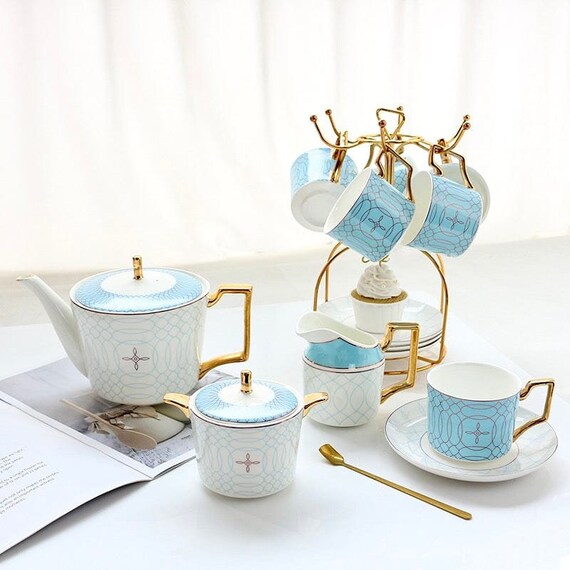 Royal Bone China Teacup Set - Vintage Ceramic Coffee Cup With Saucer & Spoon (Blue)