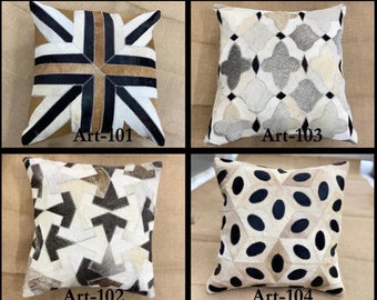Cowhide Leather handmade Designer British Union Jack pillow cover 18"x18" patchwork in white black and Brown. Free shipping to Us and Canada