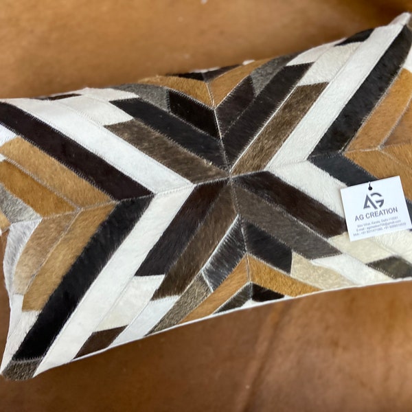 Handmade COWHIDE lumbar pillow cover 12"x20" stripe designer patchwork white, and brown, natural genuine hair on hide. Gift for him or her.