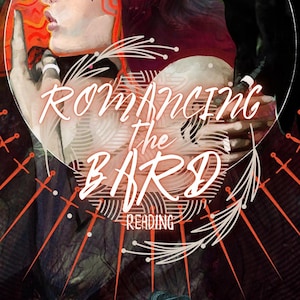 May include: A digital illustration of a woman with red hair and a black raven. The image is set against a background of red and orange swords. The text "Romancing the Bard" is written in white cursive letters.