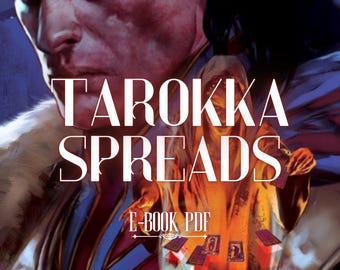 May include: A book cover with the title "Tarokka Spreads" in white text on a dark background. The cover features a person with a serious expression and a hand holding tarot cards.