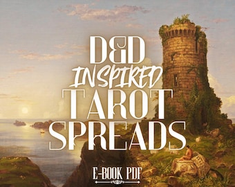May include: A digital illustration of a fantasy landscape with a stone tower and a figure in the foreground. The text "D&D Inspired Tarot Spreads" is overlaid on the image. The text "E-Book PDF" is at the bottom of the image.