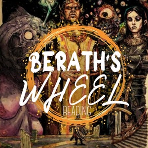 Könnte beinhalten: Eine Fantasy-Illustration mit einem runden orangefarbenen Rahmen, auf dem "Berath's Wheel Reading" steht. Die Illustration zeigt eine Gruppe von Figuren mit einer dunklen, geheimnisvollen und jenseitigen Ästhetik.