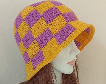 Checkered Summer Bucket Hat, Crochet Street Wear, Trendy Outdoor Fisherman Cap for Adults