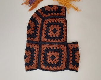 Crochet Granny Square Balaclava: Brown & Black Unisex Hoodie