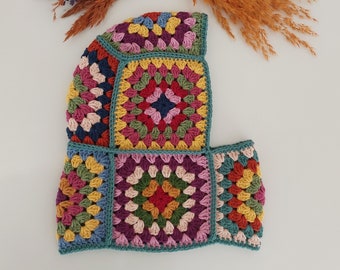 Lime Green Earthy Tones Granny Square Balaclava, Crochet Unisex Multicolor Hat, Handknitted Colorful Hoodie
