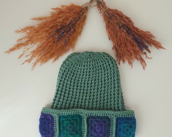 Handmade Granny Square Crochet Beanie: Earthy Green Winter Hat
