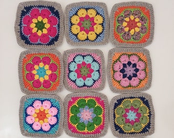 Handmade Crochet Floral Granny Squares: Multicolor Afghan Blocks