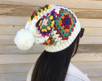 Handmade Crochet Granny Square Beanie and Gloves Set: Multicolor Acrylic Cotton