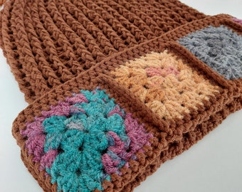Brown Granny Square Crochet Beanie: Hand-Knitted Cotton Fall Hat