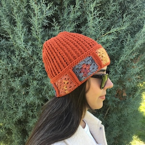 Gorro de ganchillo cuadrado de abuela, gorro de invierno tejido a mano, regalo naranja tejido a mano para mujer