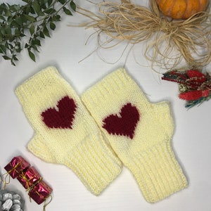 Fingerless Red Heart Gloves, Knitted Hand Warmers, Mitten Gift, Present for Beloved