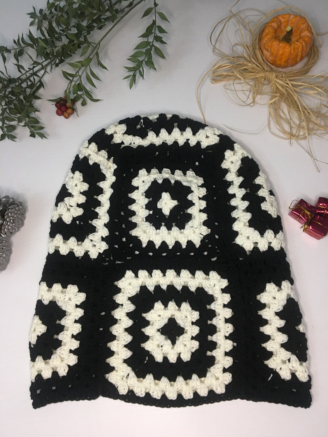 Black and White Granny Square Crochet Balaclava Crochet Hood Etsy