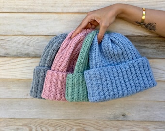 Hand Knitted Mohair Beanie: Baby Blue Chunky Crochet Hat