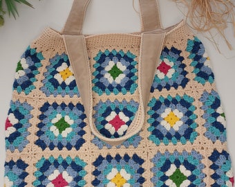 Beige Crochet Granny Square Bag, Retro Style Handmade Purse, Boho Style Shoulder Bag,  Vegan, Crochet Tote Bag, Gift for Spring and Summer