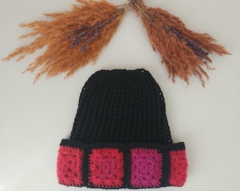 Handmade Granny Square Crochet Beanie: Acrylic Cotton Winter Hat