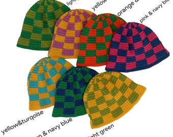 Checkered Crochet Bucket Hat: Trendy Acrylic Cotton Beanie