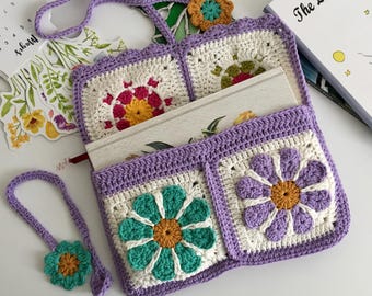 Crochet Motifs Book Cover, Handmade Daisy Flower Book Sleeve, Bookish Gift for Readers
