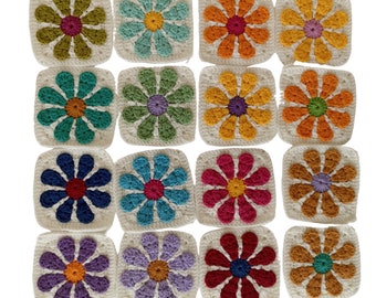 Handmade Daisy Granny Square Set: Crochet Afghan Kit, Multicolor Floral Motifs