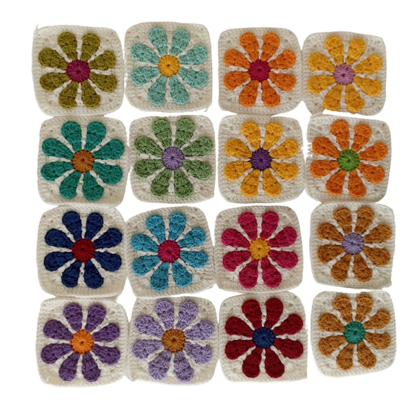 Ensembles de carrés de grand-mère marguerite, motifs floraux individuels, pièces non bloquées multicolores au crochet, kit d'appliques afghanes faites main de 10 x 10 cm