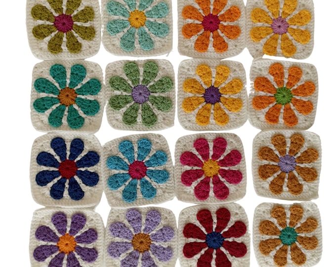 Handmade Daisy Granny Square Set: Crochet Afghan Kit, Multicolor Floral Motifs