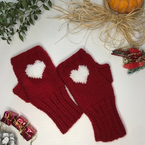 Heart Fingerless Gloves Red and White, Handmade Knitted Arm Warmers for Winter