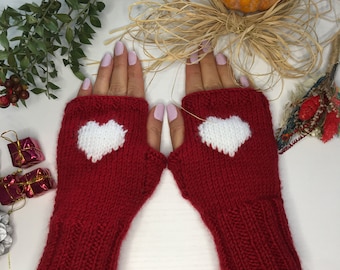 Heart Fingerless Gloves Red and White, Handmade Knitted Arm Warmers for Winter, Gift for Vegans