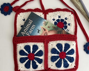 Crochet Blue and White Book Sleeve, Handmade Burgandy Daisy Book Cover