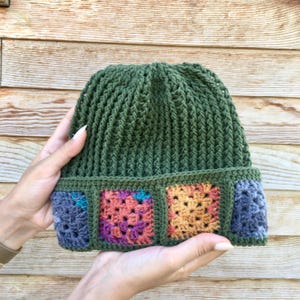 Granny Square Crochet Beanie: Handmade Ginger Green & Yellow Knit Hat