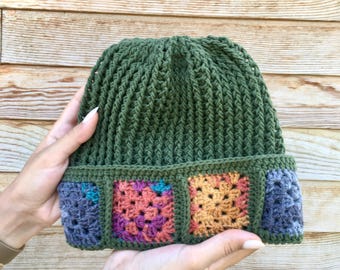 Granny Square Crochet Beanie: Handmade Ginger Green & Yellow Knit Hat